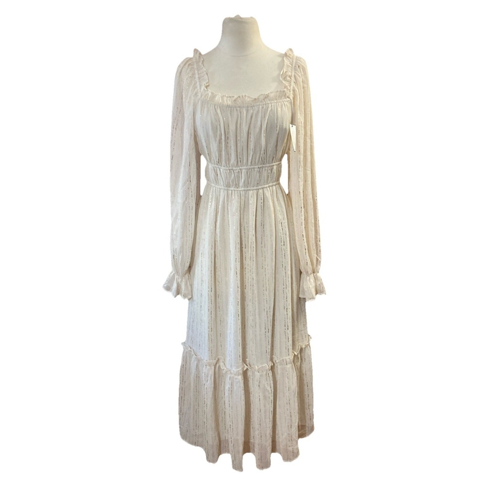 Moon River Maxi Dress Sz L New Cream Metallic Copper Peasant Cottagecore Flowy